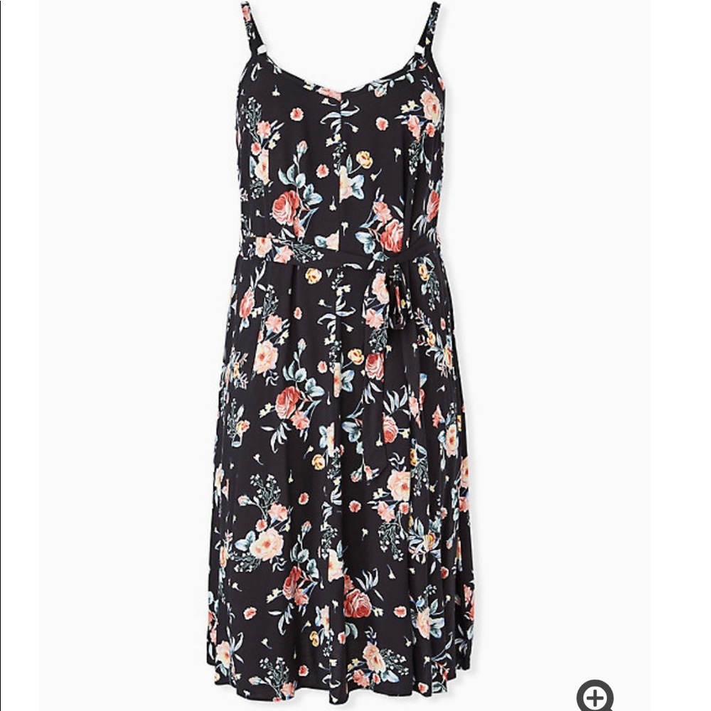 BLACK FLORAL CHALLIS SELF TIE MIDI DRESS